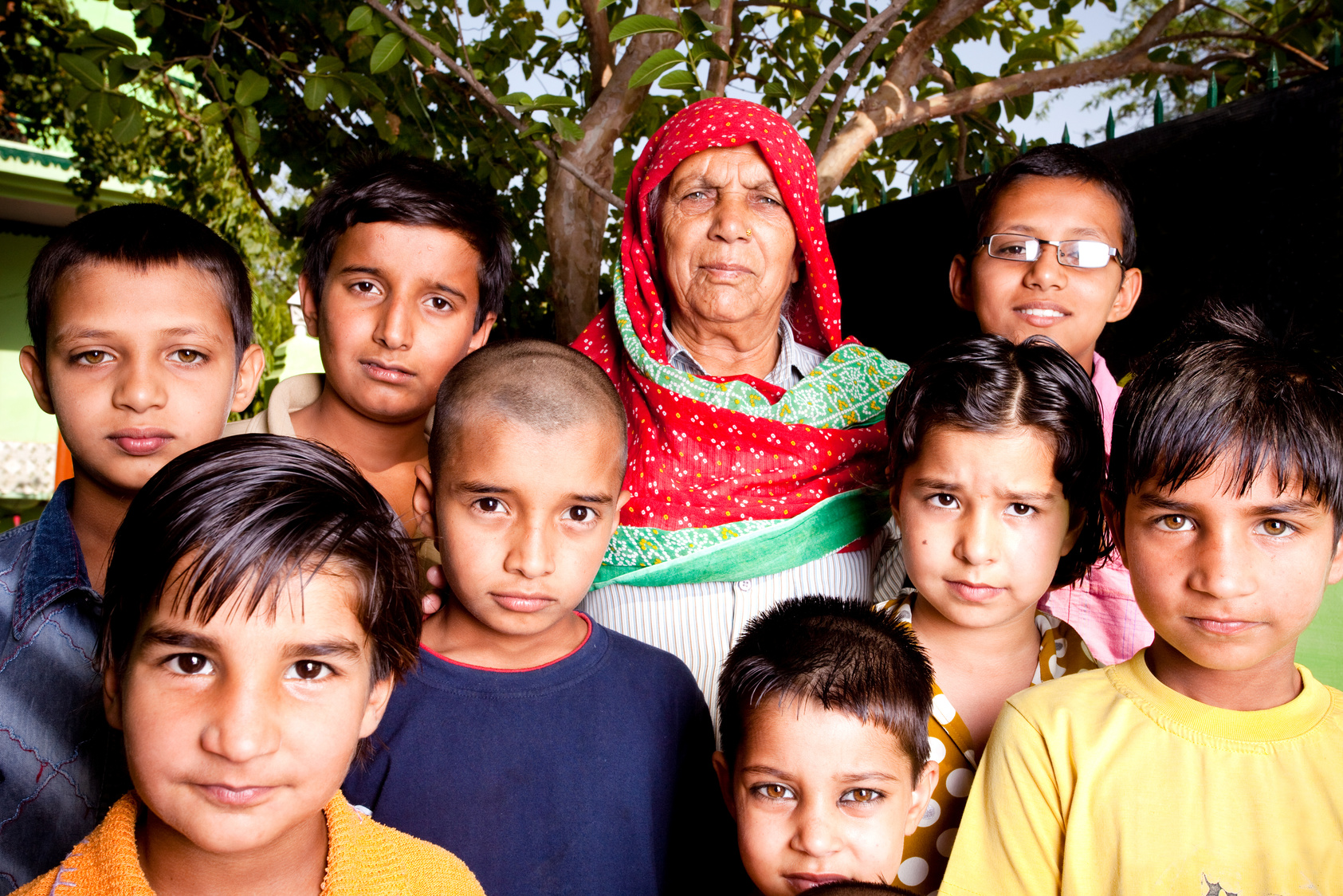 Group of Rural Indian Children with their Grandmother